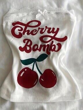 Textured Fabric Letter Cherry Print Lace Patchwork Strapless Top Camisole